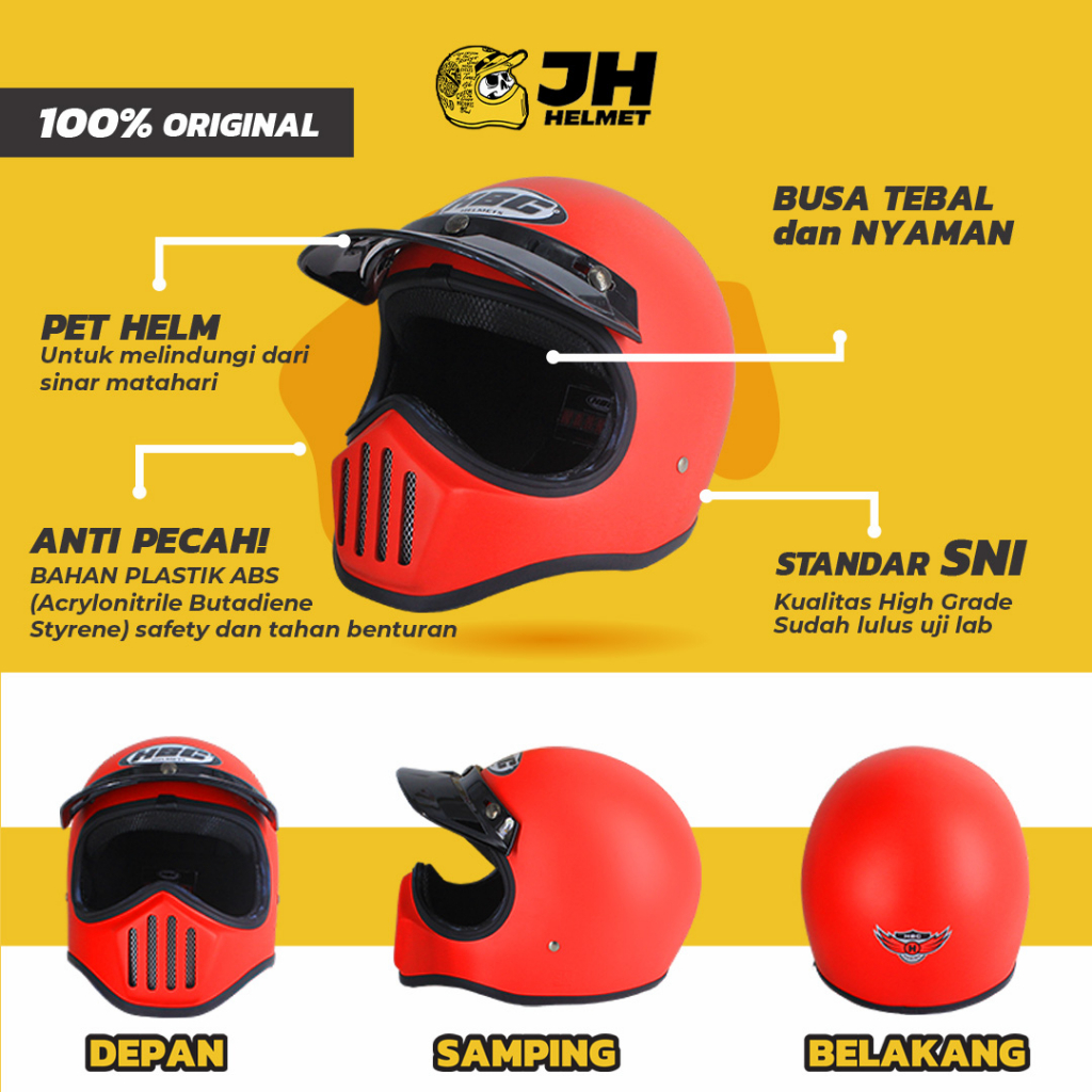 Helm Cakil HBC Polos Red Doff + FREE GOGGLE | Retro Full Face | JUAL HELM