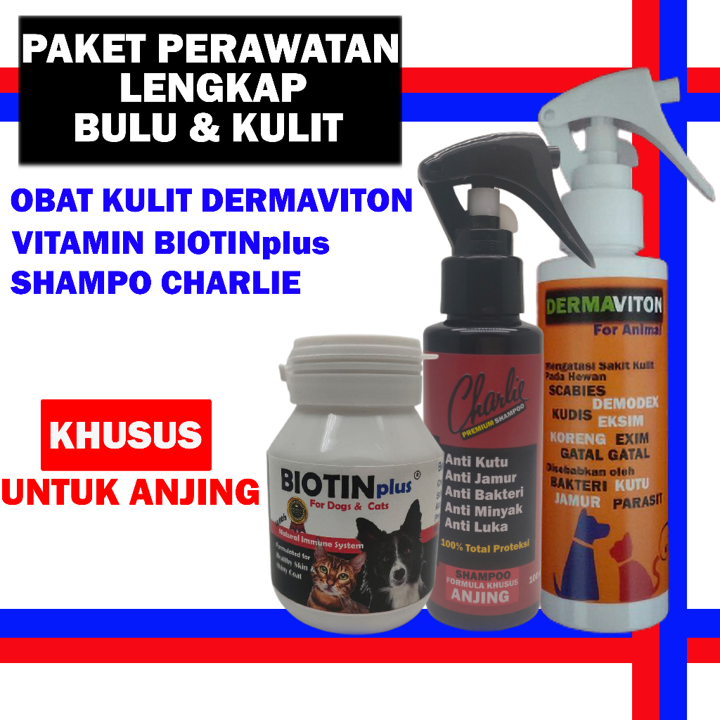 Vitamin Obat Bulu &amp; Kulit Anjing Puppies Bulu Rontok Botak Gatal Jamur Scabies Luka - BIOTIN + DERMAVITON + CHARLIE