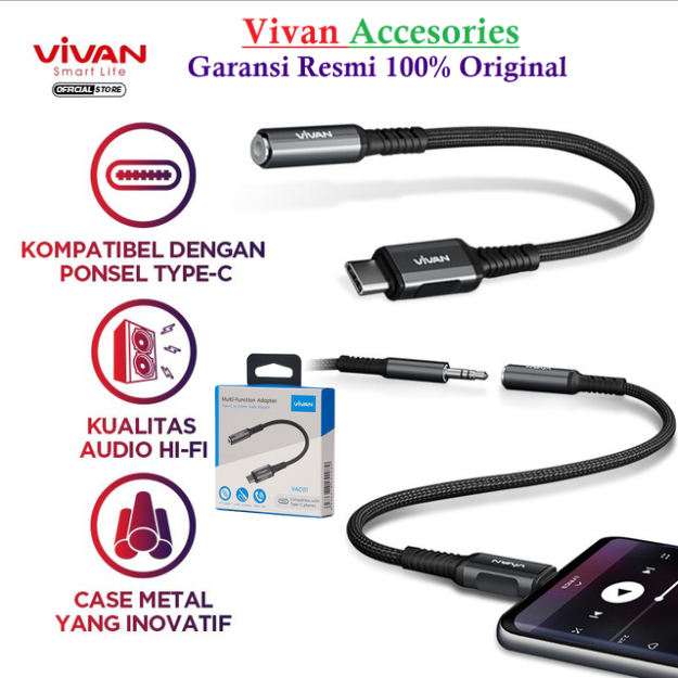 VIVAN VAC01 Kabel Converter Type C to Jack AUX 3.5mm Audio All in One