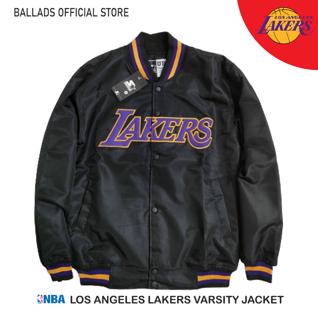 JAKET BOMBER VARSITY BASEBALL BISBOL - LAKERS HITAM TEXT UNGU BORDIR JAKET PRIA WANITA ORIGINAL