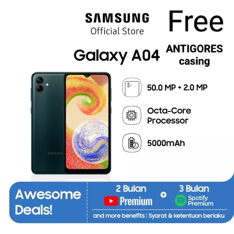 SAMSUNG AO4 RAM 4+4 ROM 64GB. FREE ANTIGORES DAN CASING. GARANSI 1TAHUN.