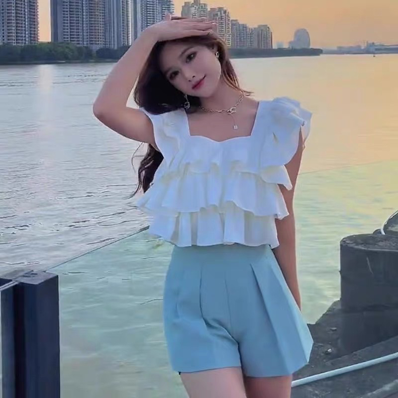 ATASAN CROP RUFFLE FASHION WANITA IMPORT BANGKOK BRAND HELLO 753