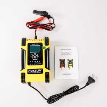 RRS STORE FOXSUR Charger Aki Mobil Lead Acid Smart Charger 12V/24V 6-200AH - FBC122412D casan aki motor mobil Tegangan Input: 100-240 V, maks 150 W Tegangan Keluaran: DC 12 V / 12 A, 24 V / 6 A Tegangan Mulai Minimum:  7.0V