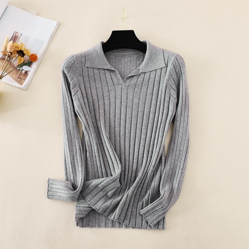 Atasan Wanita Kerah Turn Down V-Neck Pakaian Sweater Rajut Pullover Kasual Lengan Panjang Korean Style