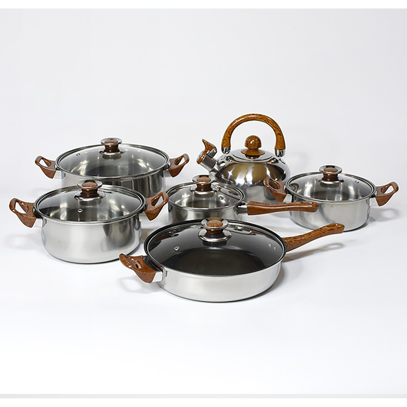 Panci Set Kayu 12 Pcs Stainless / Panci Cookware Set Gagang Kayu Stainless