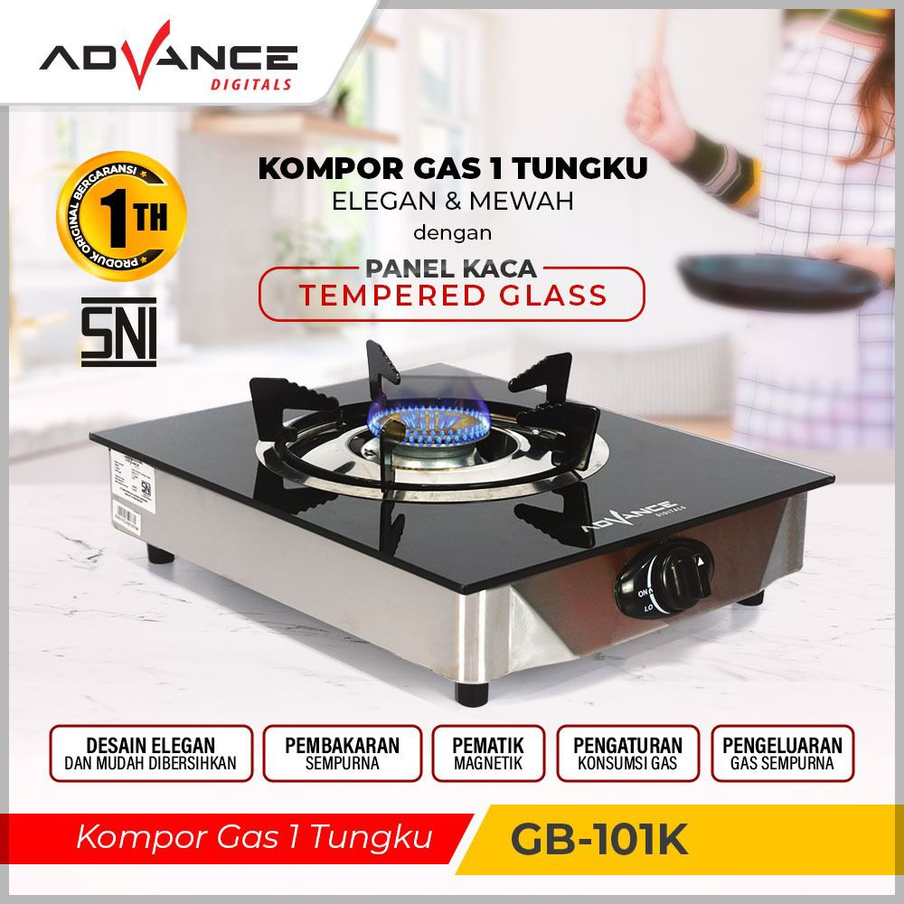 Advance GB-101K Kompor Gas Kaca 1 Tungku Tempered Glass Elegan Ori BRGARANSI RSMI MANTAP