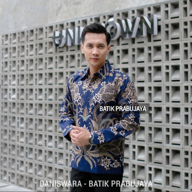 DANISWARA Kemeja Batik Pria Lengan Panjang Modern Premium Biru Navy Full Furing Halus Kondangan Kerja