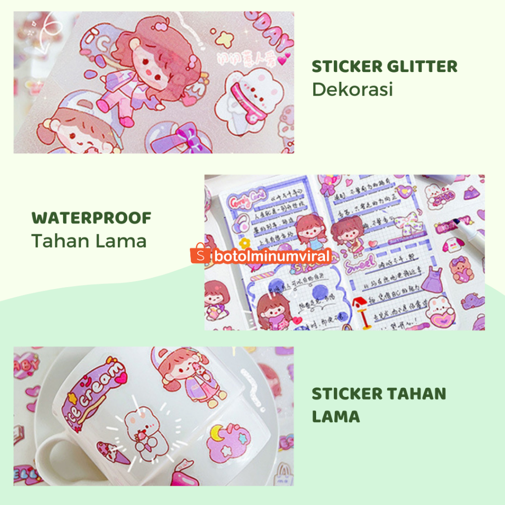 Sticker Momo Kartun Korea Lucu Set Roll Washi Tape Glitter New Viral