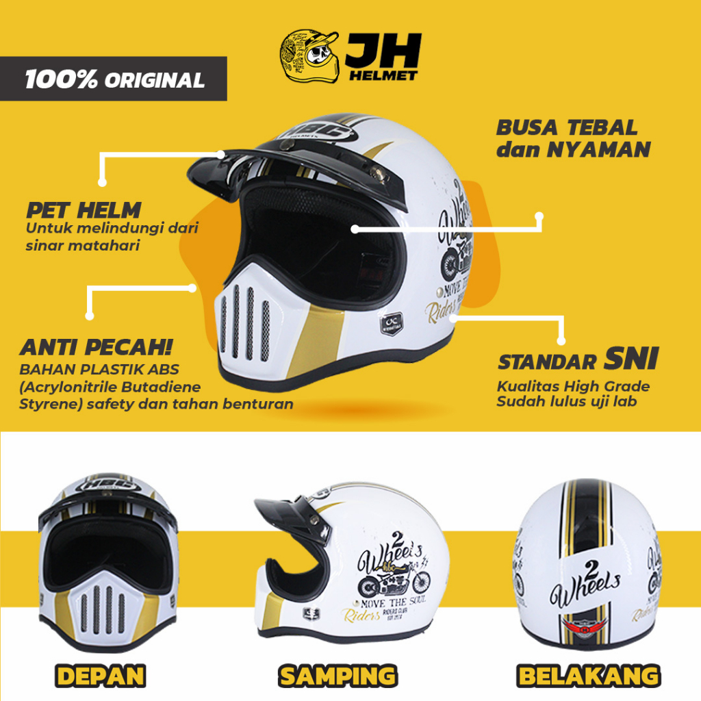 Helm Cakil HBC Wheel White + FREE GOGGLE | Retro Full Face | JUAL HELM