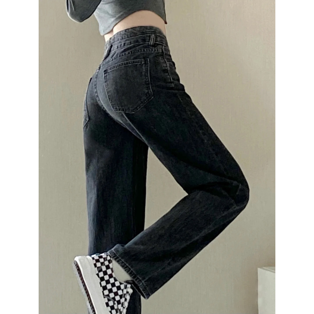 Hitam Highwaist Loose Kulot Celana Jeans Wanita Kasual Import