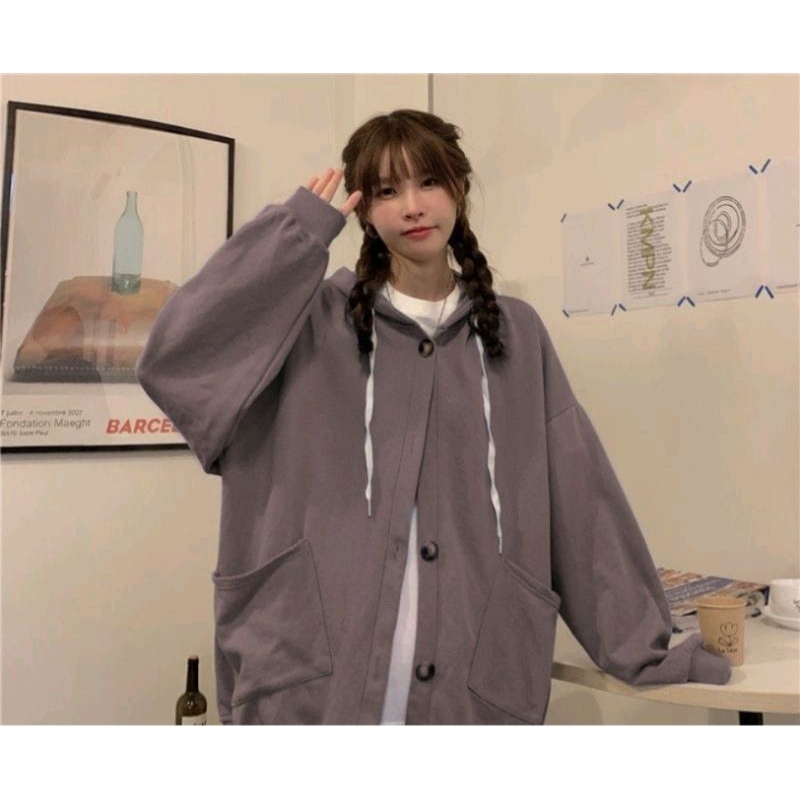 Sweater Hoodie Jaket Kancing Jumbo Wanita Oversize