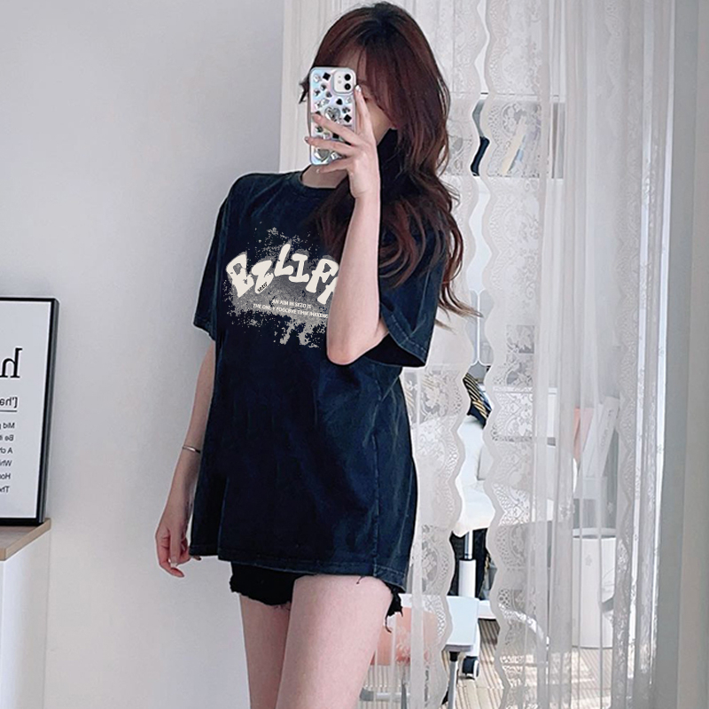 Print Washed T-shirt Kaos Lengan Pendek Oversize Vintage English Korean Style Atasan Wanita