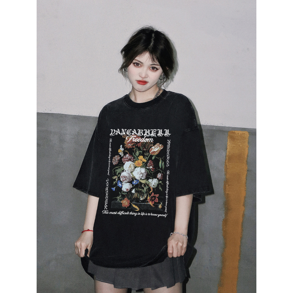 EUNII T-shirt Lengan Pendek Black Washed  Retro Rose Printing Korean Style/Kaos Atasan Wanita/Baju Wanita/Kaos Wanita