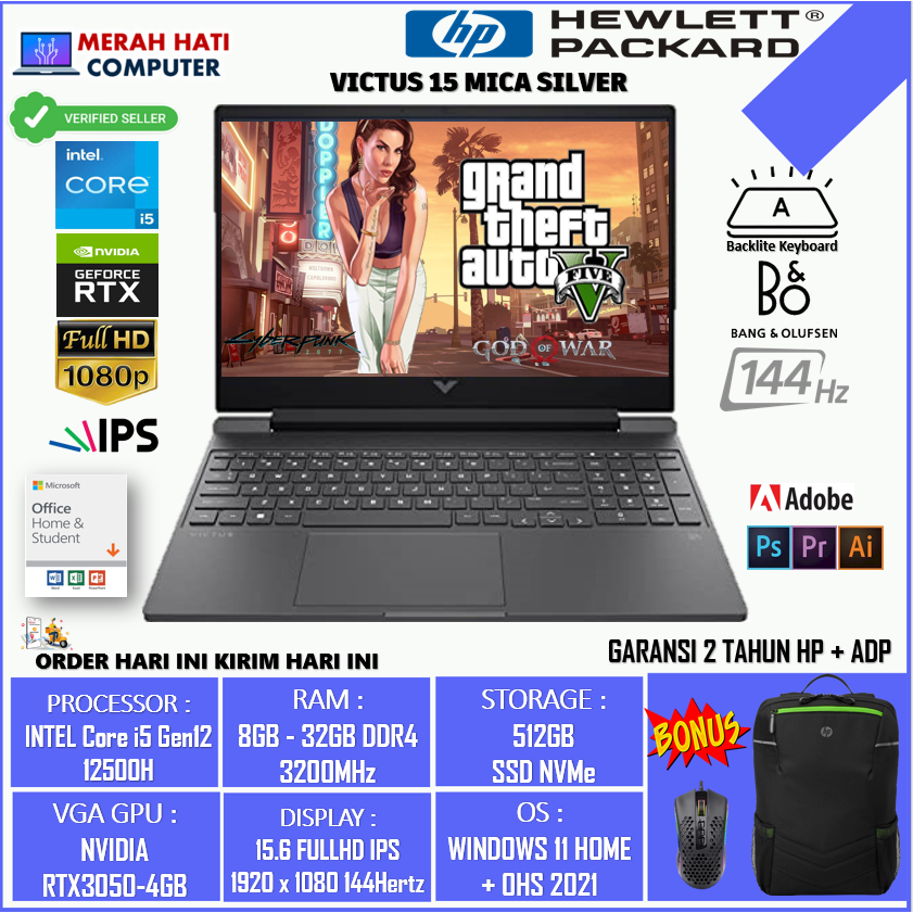 LAPTOP GAMING HP VICTUS 15 FA0011TX INTEL I5 12500H 32GB 512GB RTX3050-4GB FHD IPS 144HZ BACKLITE WIN11HOME + OHS MICA SILVER ORIGINAL BERKUALITAS