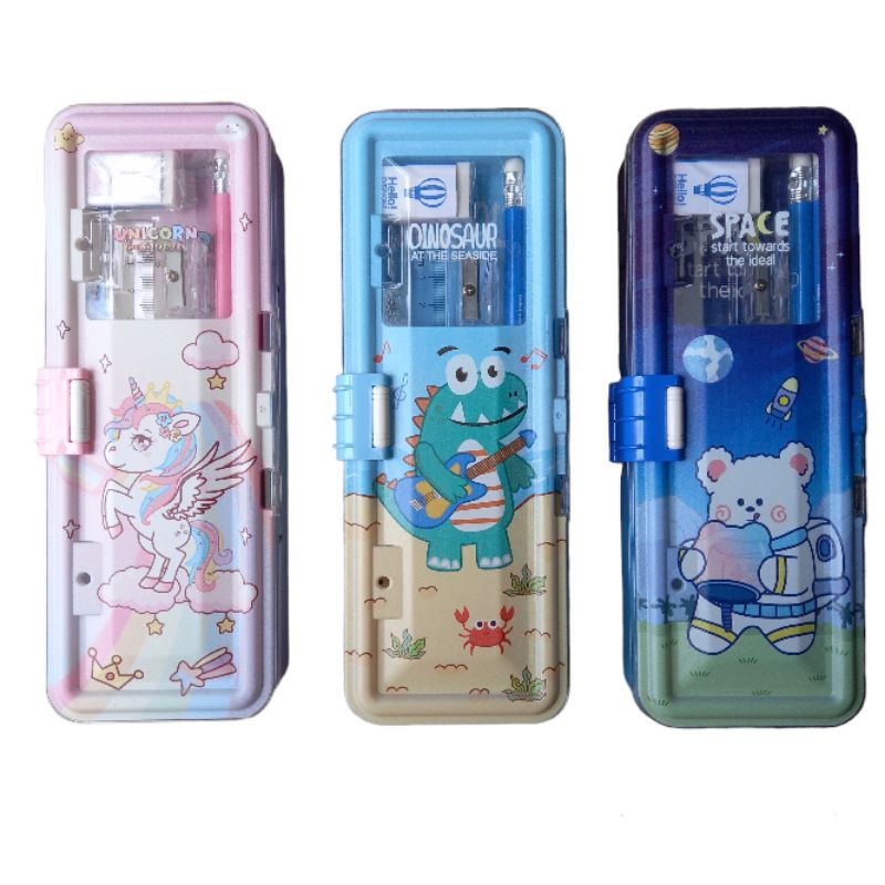 

Tempat pensil unicorn, dinosaurus, space + alat tulis / Kaleng pensil set unicorn, dino, space / Kotak pensil tutup pengait unicorn, dino, space