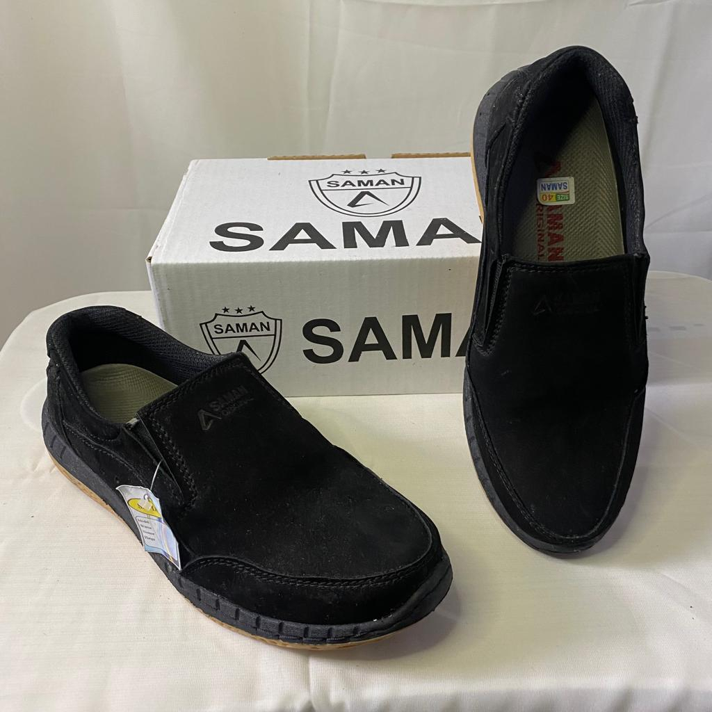 Saman Sepatu Kulit Original Model Slip On Casual Pria Ready 3 warna Hitam Coklat Tan 6 pilihan ukuran 39, 40, 41, 42, 43, 44