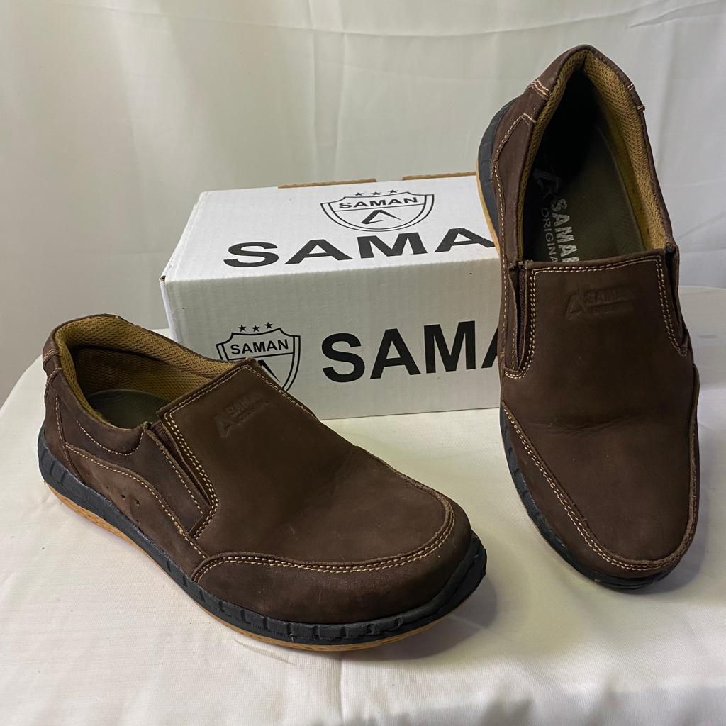 Saman Sepatu Kulit Original Model Slip On Casual Pria Ready 3 warna Hitam Coklat Tan 6 pilihan ukuran 39, 40, 41, 42, 43, 44