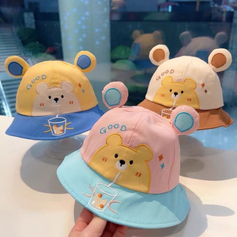 Topi bayi Bucket hat baby Good Boba Bear beruang lucu