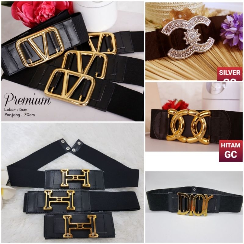 BELT KULIT KEPALA EMAS V. H.D.CC /IKAT PINGGANG WANITA ELASTIS