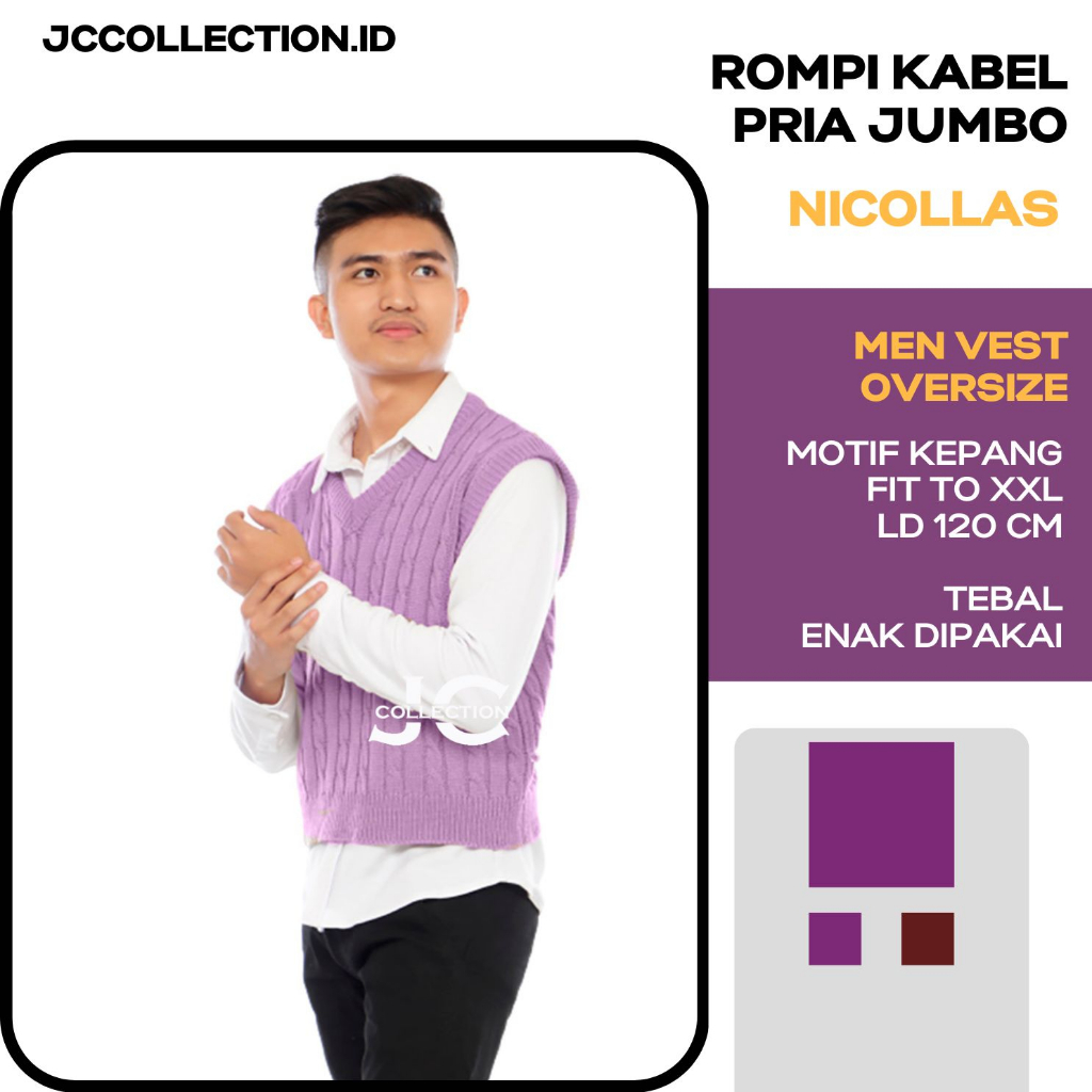 Rompi Pria Rajut Motif Kabel L-XL Vneck Knitting Nickko / Cable Vest - JCCollections