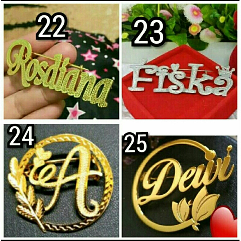 Bros nama custom lapis emas / pin / peniti hijab kerudung anti karat