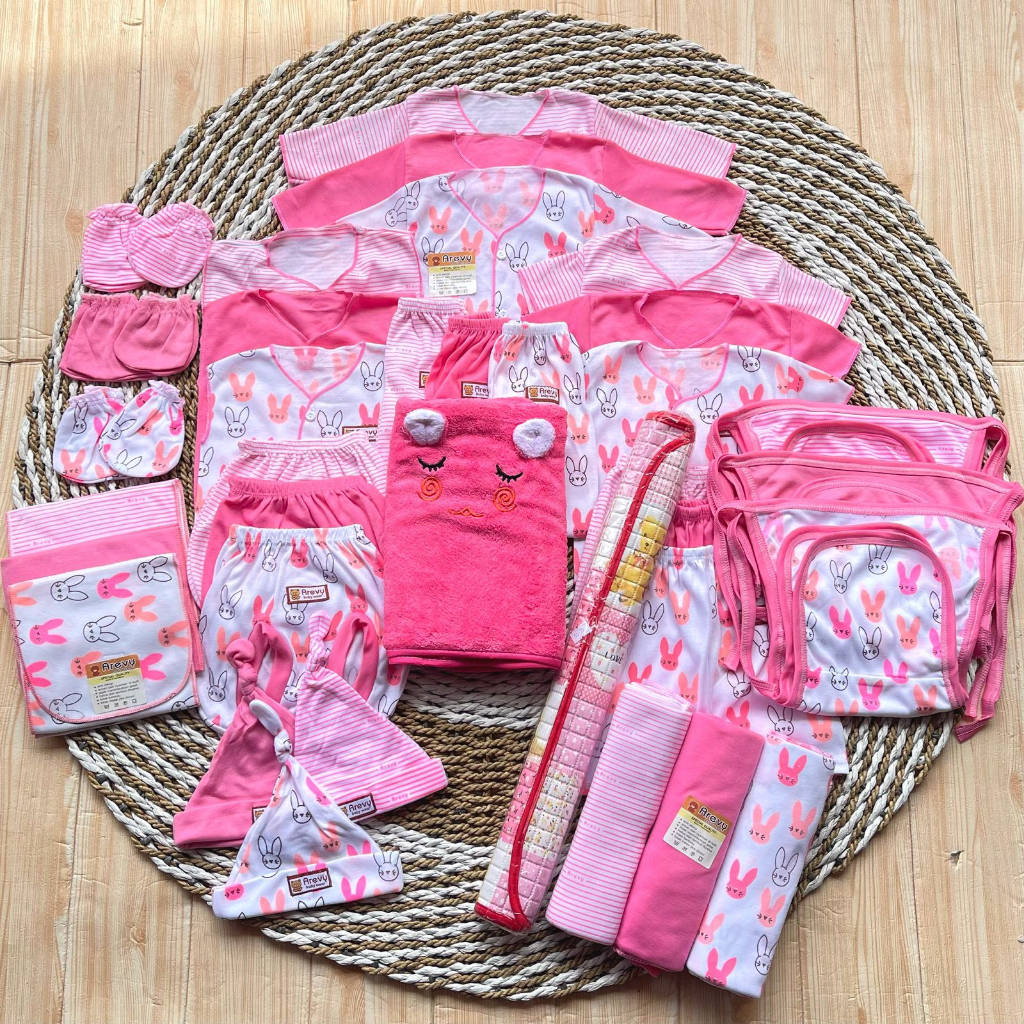 Arevy Babywear Paket Baju Bayi 50 Pcs Seri Pink Paket Hemat Super Lengkap Murah Berkualitas Komplit Perlengkapan Baby Newborn 0-3 Bulan