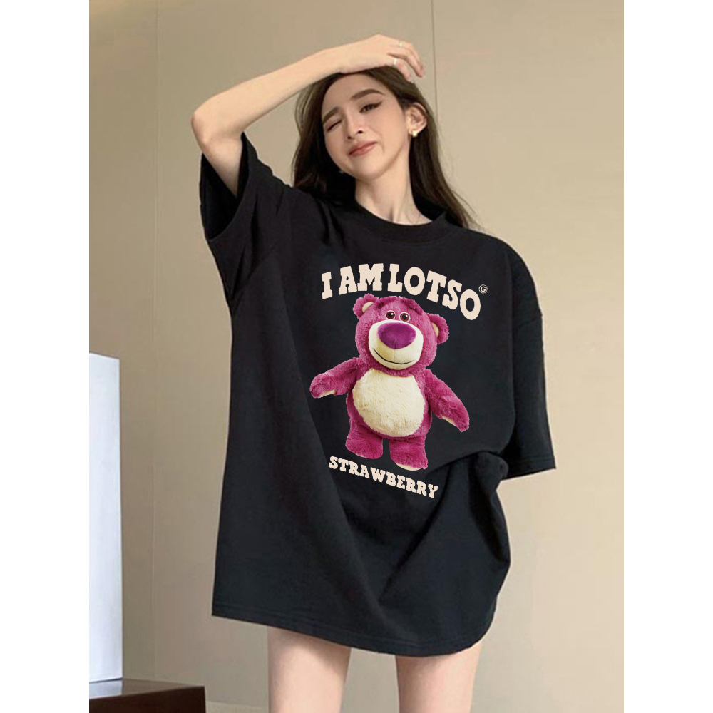 kaos atasan wanita korean style lengan pendek oversize Cute Bear graphic printing retro kaos hitam