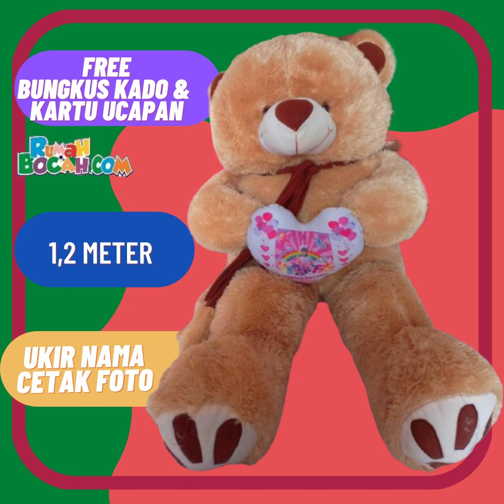 Boneka Bear Beruang Jumbo Besar 1,2 Meter Caramel Ukir Nama Ucapan Cetak Foto untuk Kado Ulang Tahun