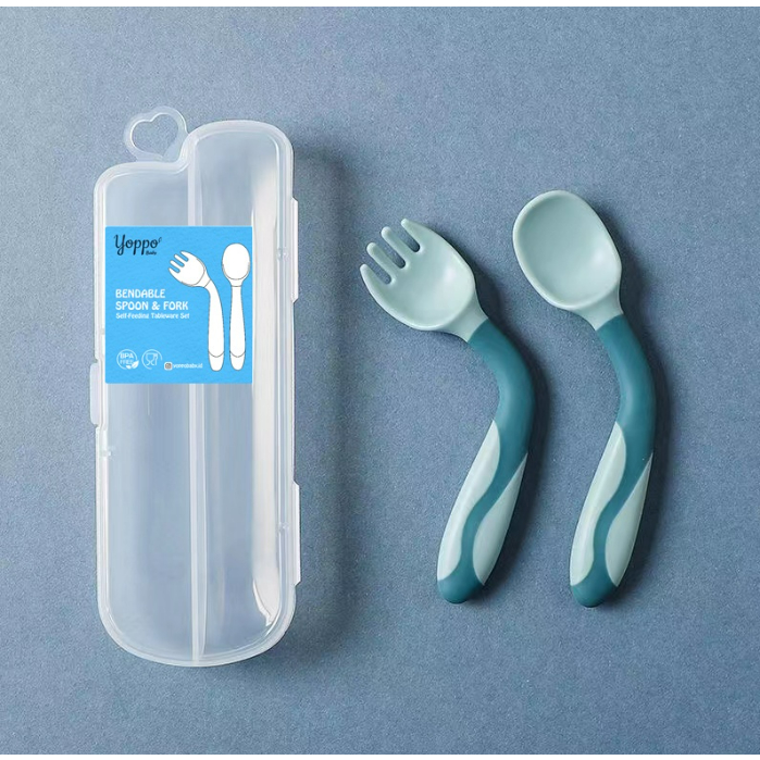 Sendok Garpu Makan Bayi Silicone MPASI BPA Free dengan Wadah / Spoon and Fork Flexible CBKS LC