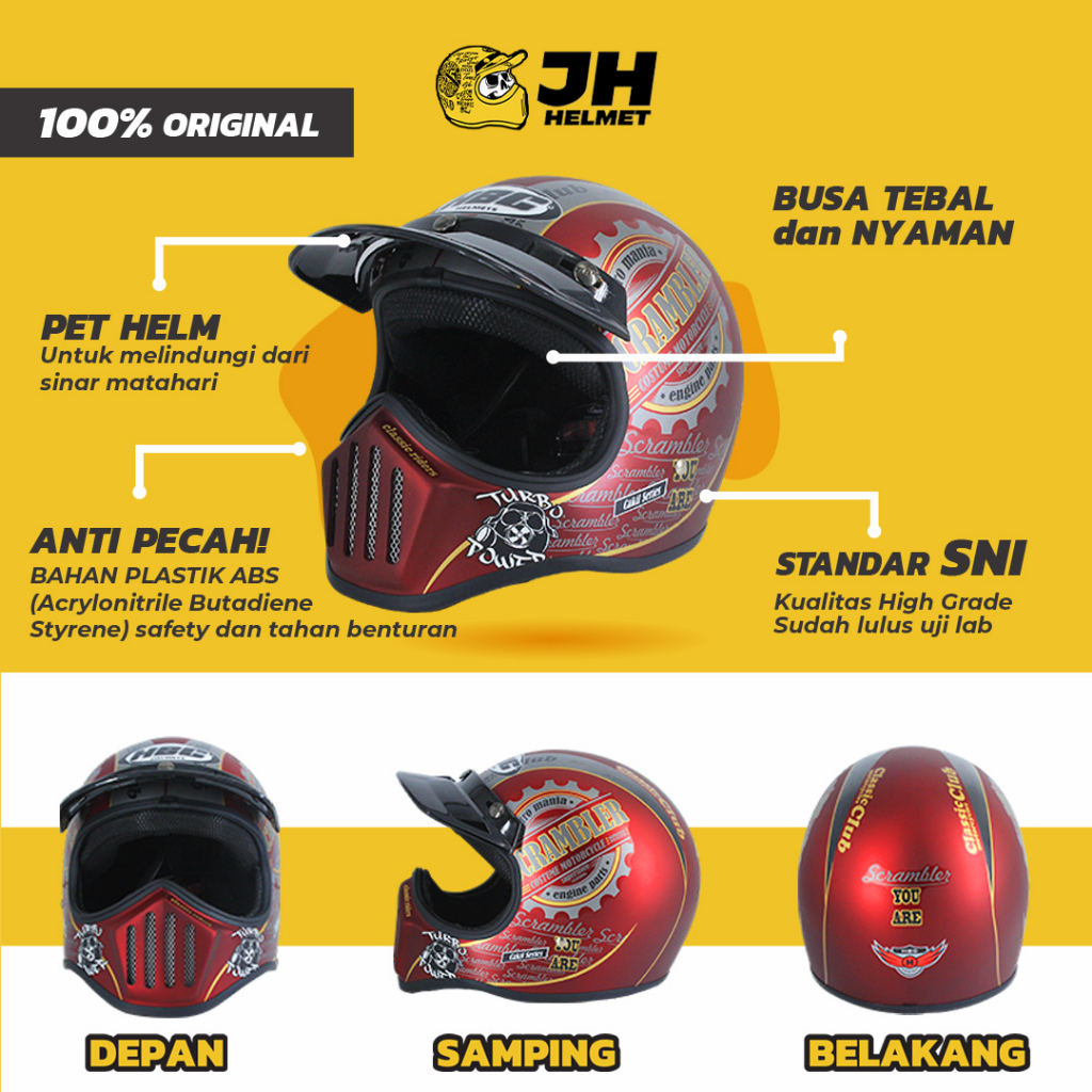 Helm Cakil HBC Scrambler Maroon Doff + FREE GOGGLE | Retro Full Face | JUAL HELM