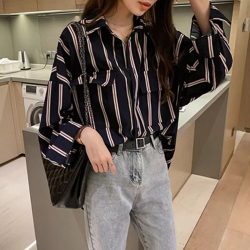4105 Baju atasan kemeja STRIPED SALUR lengan panjang Korea Korean style wanita premium import baju a