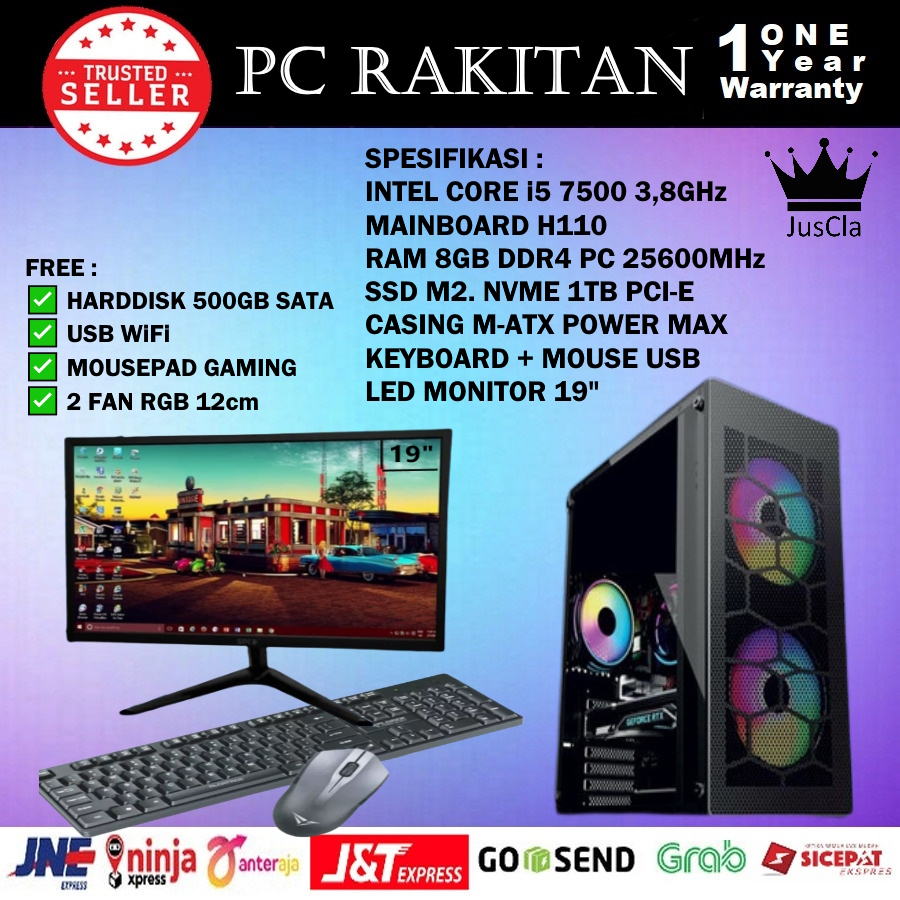 MONITOR 24&quot;+ INTEL CORE i5-7500 3,8GHz PC KOMPUTER|RAM 8GB|NVME 1TB|KEY+MOUSE|USB WiFi, PC Komputer Rakitan, PC Desain/Admin/Office Baru Bergaransi 1 Tahun