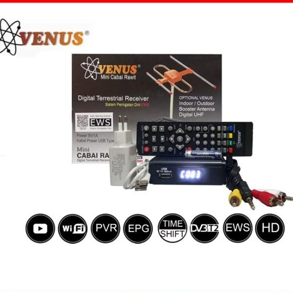 Set Top Box STB Venus Cabe Rawit H5 DVB-T2 UHF TV Digital HD EWS