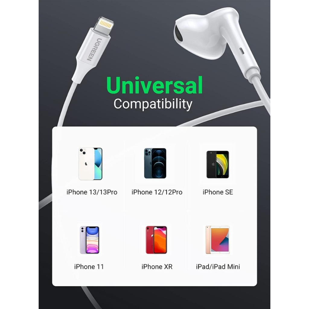 UGREEN Headset Handsfree HiTune Jack Lightning Earphone With Volume Control Audio + Open Mic For iPhone 12 13 iPad Mini 80649