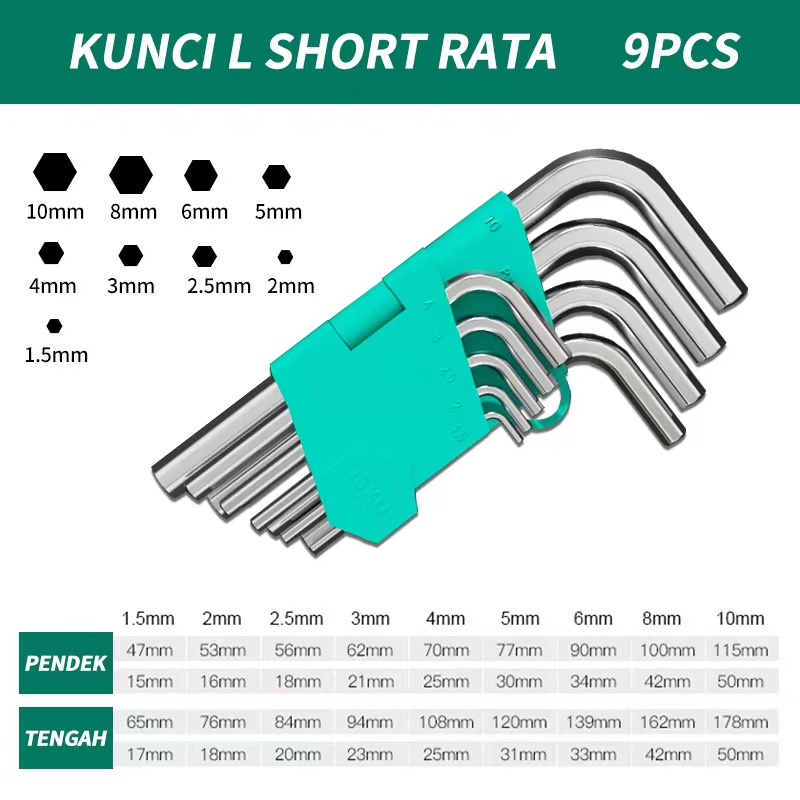 ISKU Kunci L Set Flat End Hex Set Key 9 Piece Allen Key CR-V Ball Point Hexagon L Bintang Bagus Hexwrench