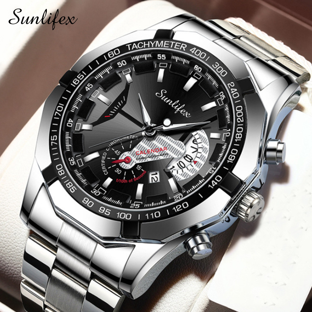 Sunlifex Jam Tangan Pria 9094 Original Kuarsa Kalender Tali Stainless Steel Jam Tangan Cowok(Kotak + Kartu Garansi)-SilverBlack