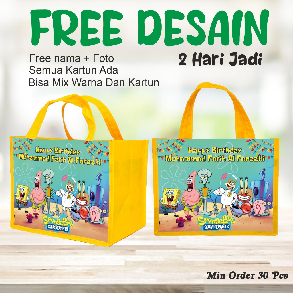 

SOVENIR TAS BENTO BERGAMBAR SPONGEBOB/TAS GOODIE BAG /TAS FREE DESAIN