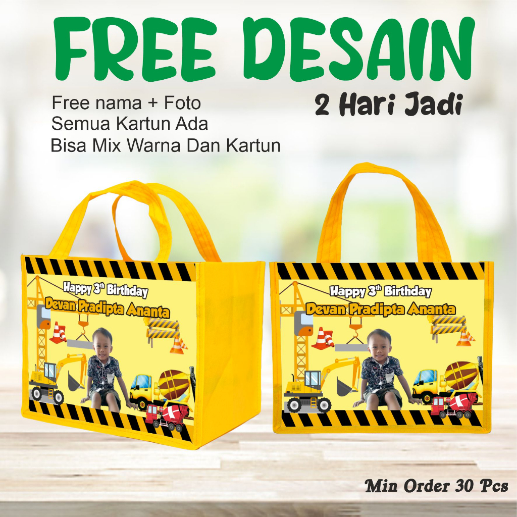 

TAS BENTO FREE DESAIN/TAS BERGAMBAR ALAT BERAT/GOODIE BAG TAS ULANG TAHUN ANAK