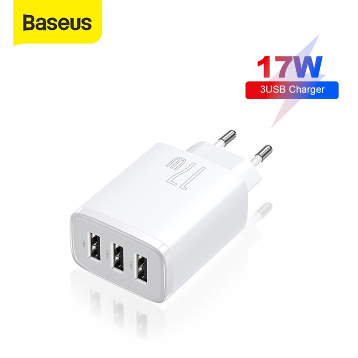 Baseus Adapter Compact Charger 3 USB Port 17W - EU Plug - Six Circuit Protection