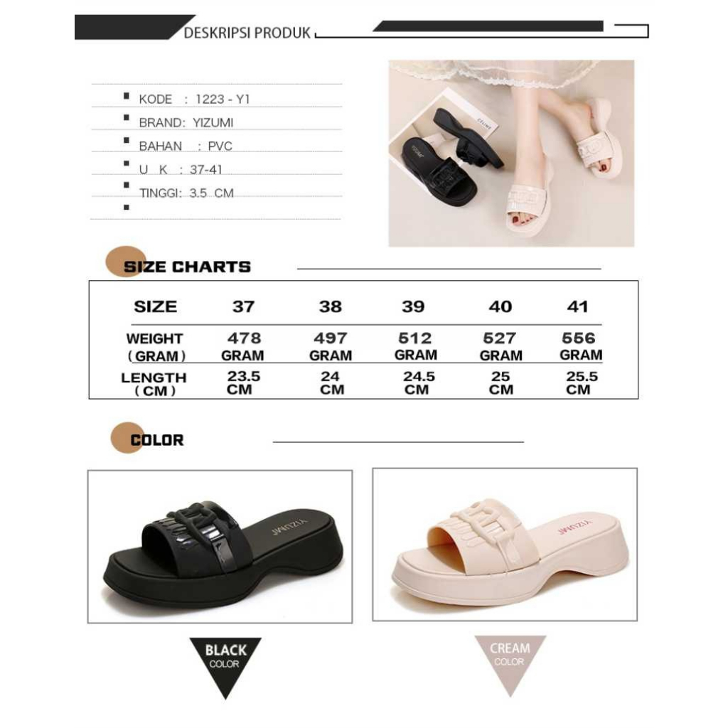 Sandal Wanita Wedges Terbaru Kekinian | Sendal Selop Wedges | 1223-Y1