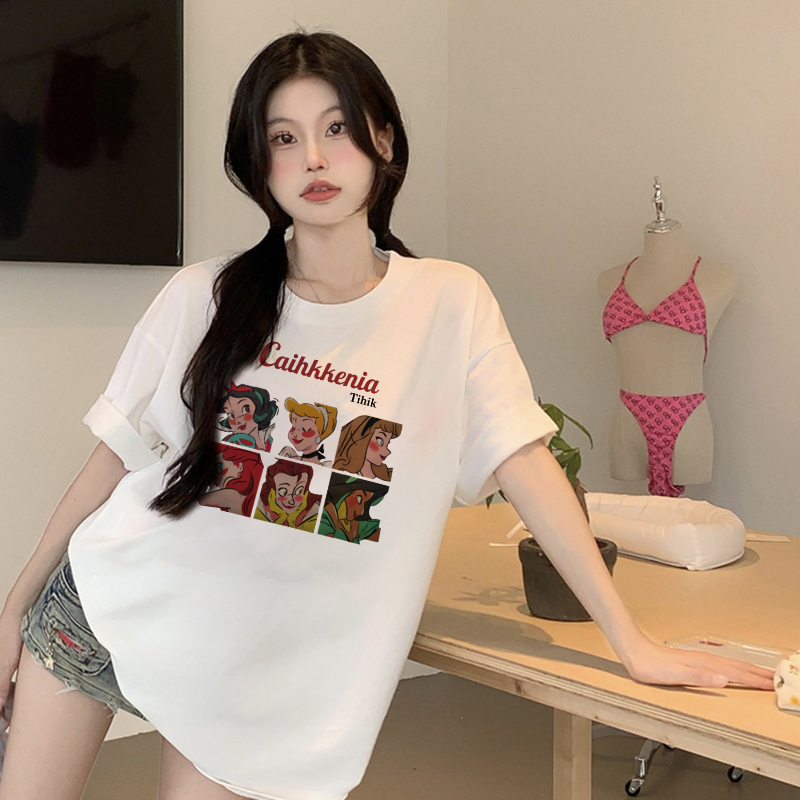 Print T-shirt Kaos Lengan Pendek Cartoon Disney Princess Oversize Atasan Wanita Korean Style