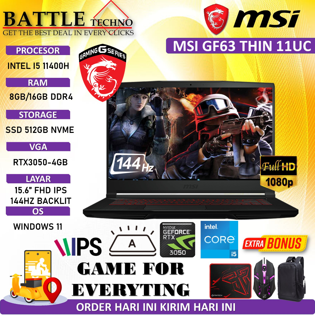 LAPTOP GAMING MSI GF63 THIN 11UC INTEL I5 11400H 32GB 1TB SSD RTX3050-4GB 15.6 FHD IPS 144HZ BL WIN11HOME BLACK