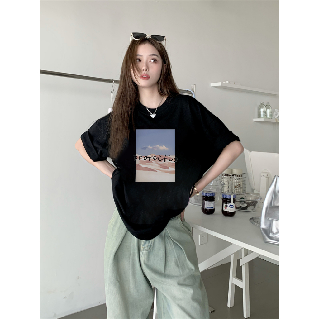 EUNII T-shirt Lengan Pendek Retro Sunset Scene Painting Printing Korean Style/Kaos Atasan Wanita/Baju Wanita/Kaos Wanita