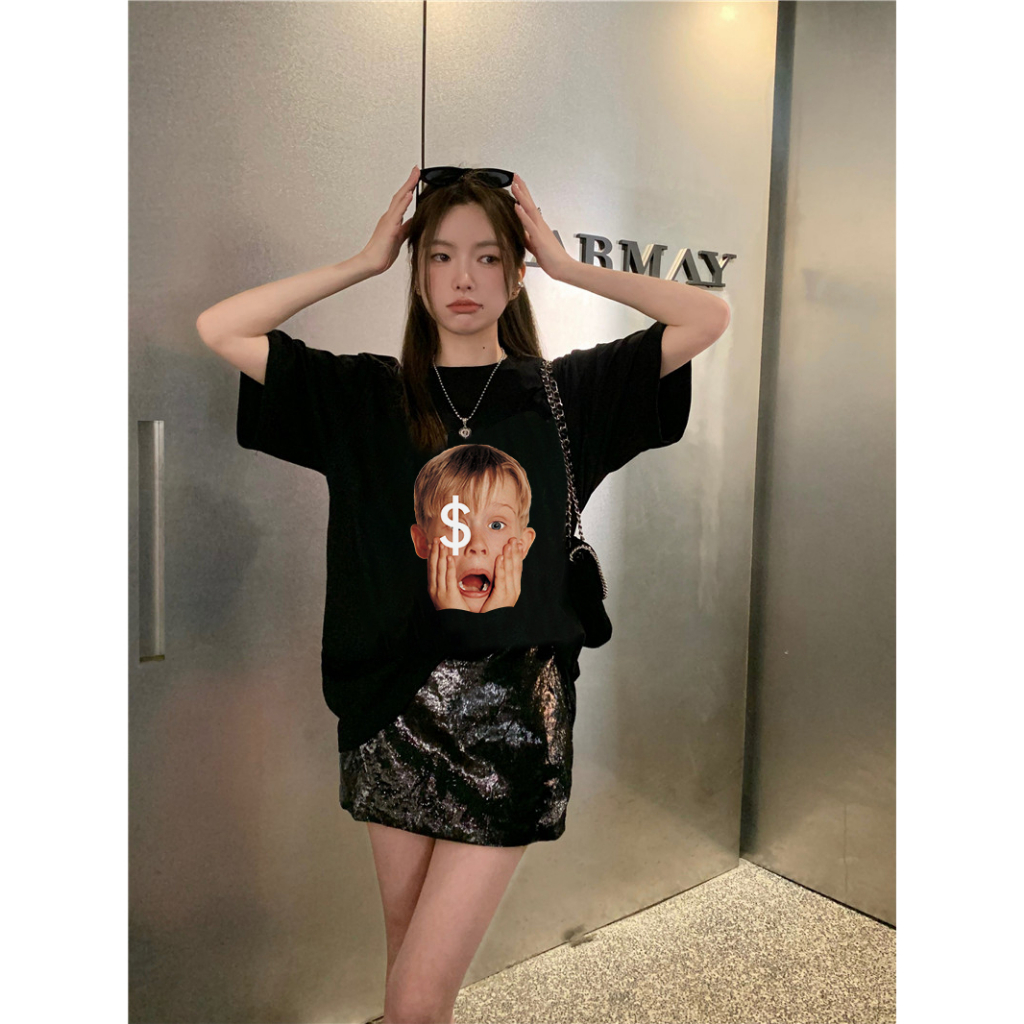 EUNII T-shirt Lengan Pendek Vintage Dollar boy Painting Printing Korean Style/Kaos Atasan Wanita/Baju Wanita/Kaos Wanita