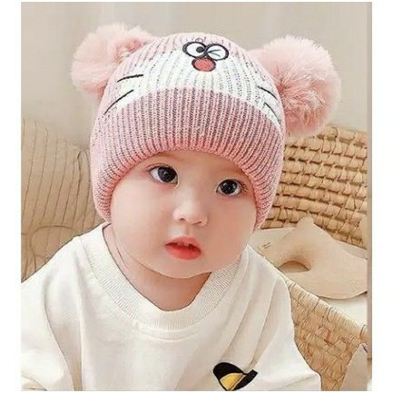 Topi Kupluk Bayi Anak Karakter Doraemon Pompom / Kupluk Rajut Anak