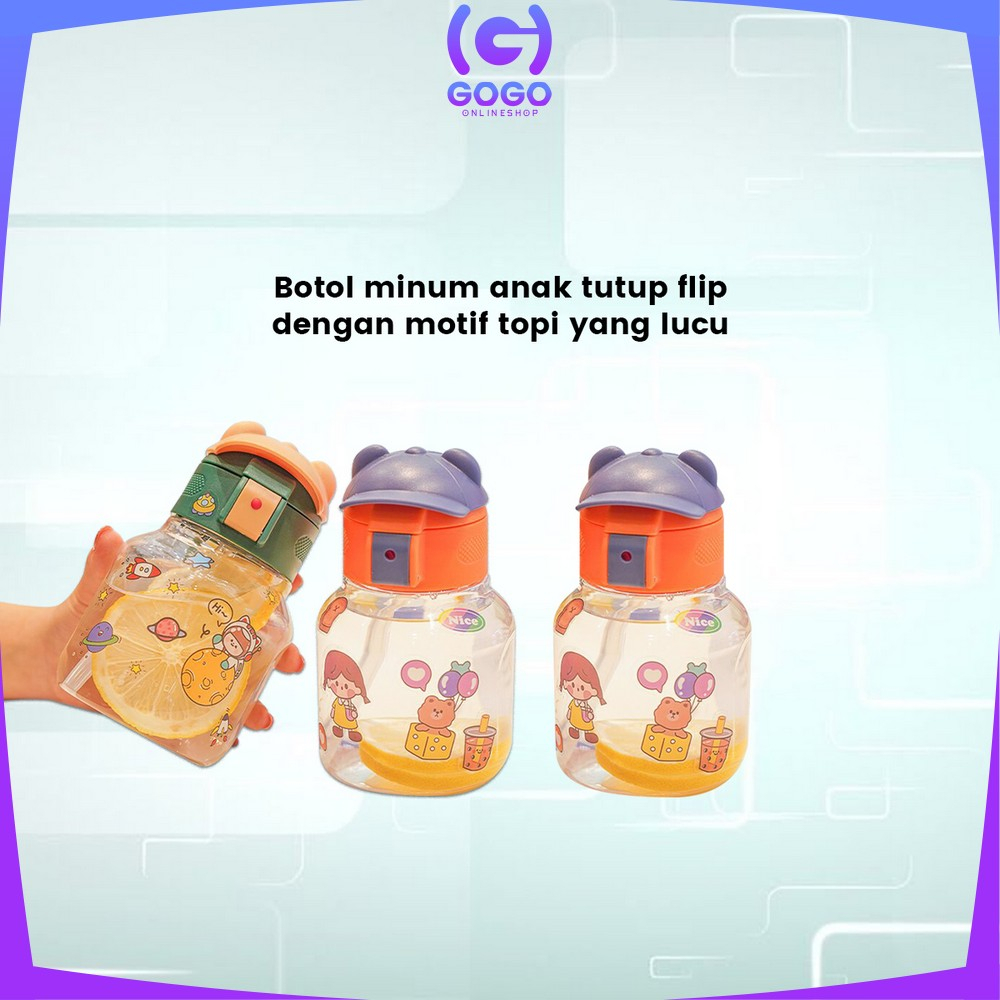 GOGO-C827 Botol Minum Anak Karakter BPA FREE Motif Topi 580ML dengan Sedotan / Tempat Minum Lucu dengan Pegangan Silikon Anak Tumbler Portable Food Grade