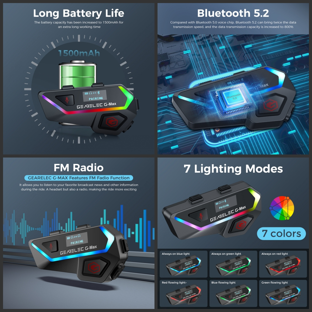 Intercom Helm GEARELEC G-Max Helm Sepeda Motor Headset Interkom Bluetooth 2000m 6 Pengendara BT 5.2 Sistem Komunikasi Nirkabel Interfon dengan Lampu Layar Pintar Music Sharing Radio FM