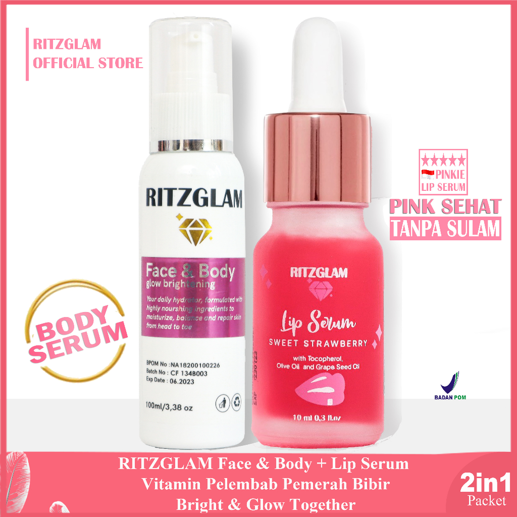 RITZGLAM Collagen Brightening + Lip Serum Vitamin Pelembab Pemerah Bibir. Bright &amp; Glow Together [BUNDLE 2 IN 1 PACKAGE]