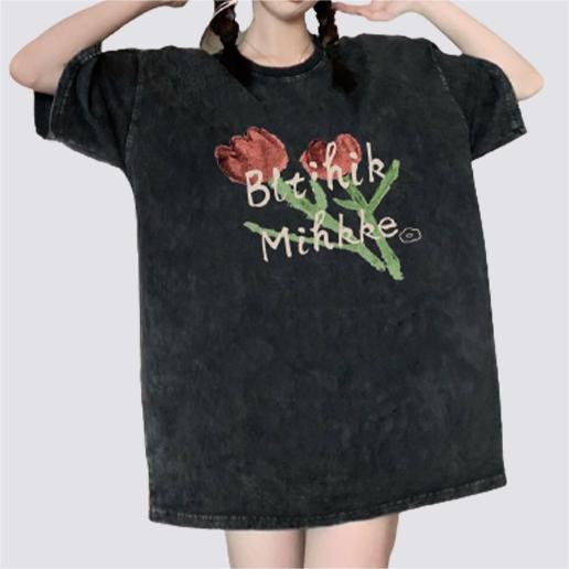 XIAOZHAINV Korean Style Tulip Pattern Washed Printing Kaos Wanita