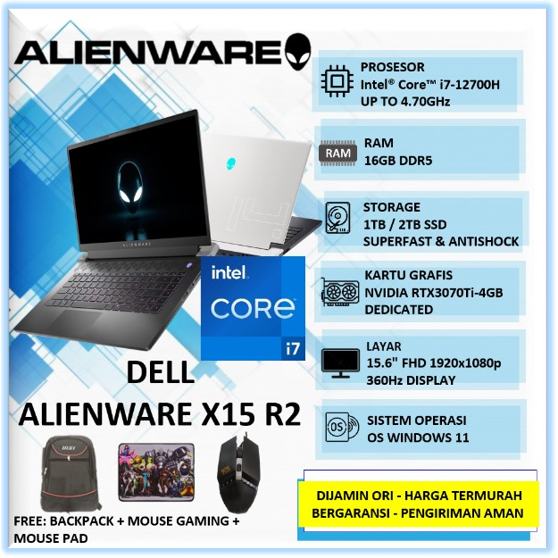 Laptop Gaming Dell Alienware X15 R2 Intel I7 Gen 12 Ram 16GB SSD 2TB RTX3070Ti 8GB 15" FHD 360Hz Windows 11 Home